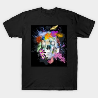 Skull Flowers And Butterfly, Rainbow Butterflies T-Shirt